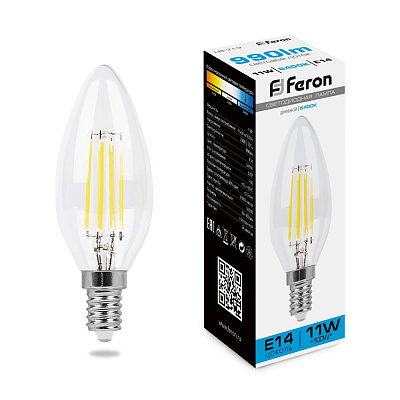 Feron Свеча LB-713 11W E14 6400K прозрачная филамент C35