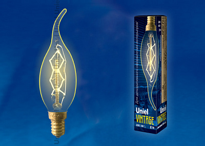 Uniel Лампа накаливания Vintage E14 60Вт Свеча на ветру Форма нити ZW золотистое