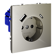 Розетка с заземлением и защитными шторками, с USB, A+С, 16А, (шёлк) VOLTUM S70