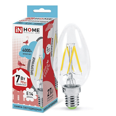 Лампа светодиодная LED-СВЕЧА -deco 7Вт 230В Е14 4000К 630Лм прозрачная IN HOME